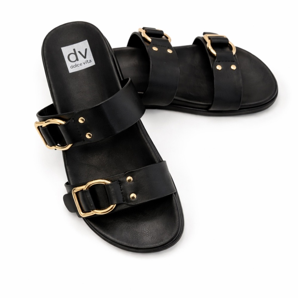DV by Dolce Vita Black Double Buckle Slide Sandals Size 8.5 NWOT Gold Hardware - Picture 7 of 7